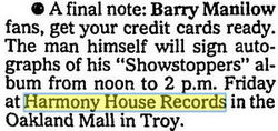 Harmony House Records and Tapes - Barry Manilow Appearance